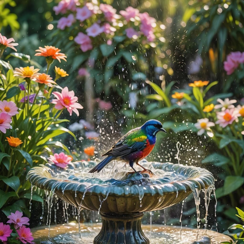 Impressionist Bird Bath in Vibrant Garden
