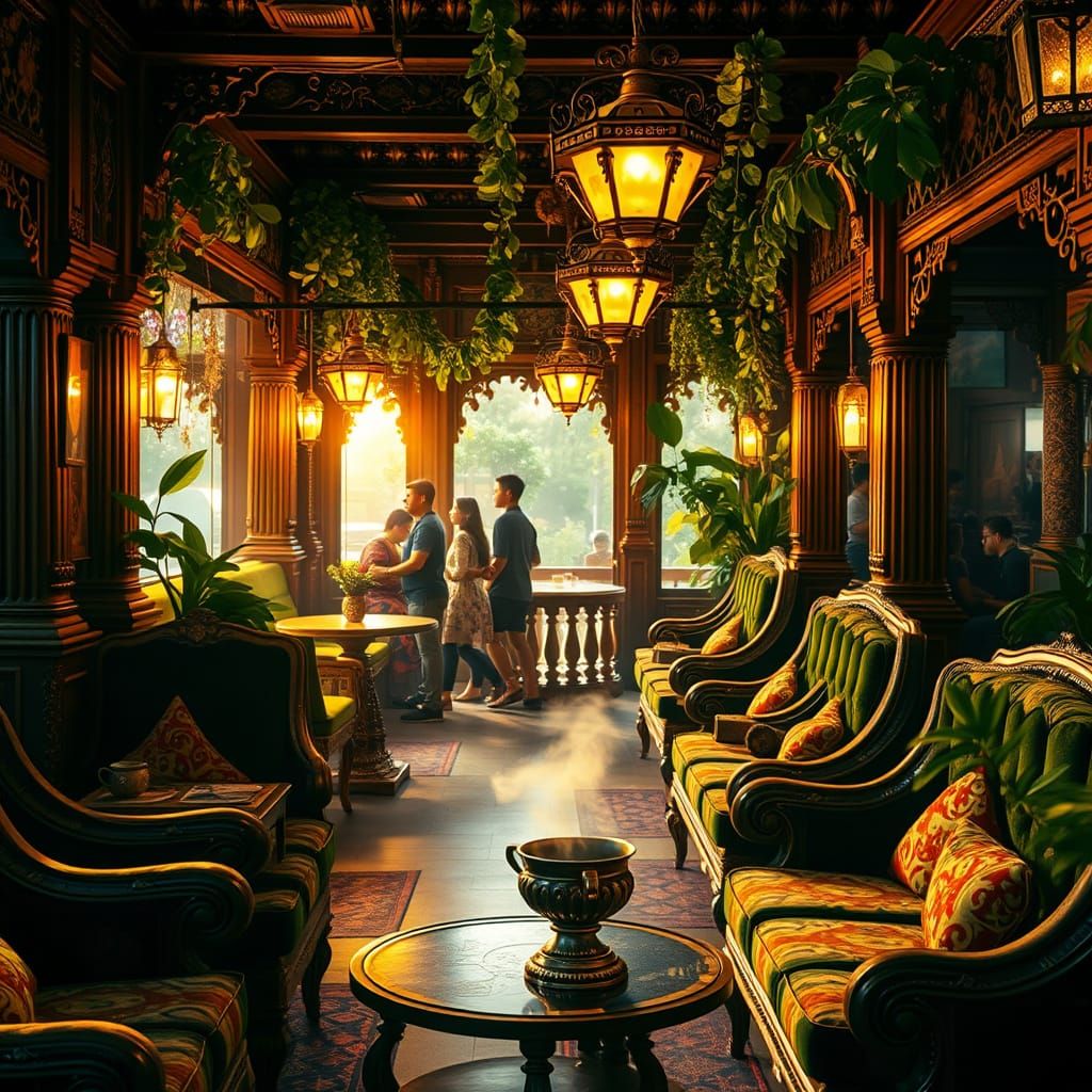 Exotic Indian Cafe Interior in Warm Golden Light