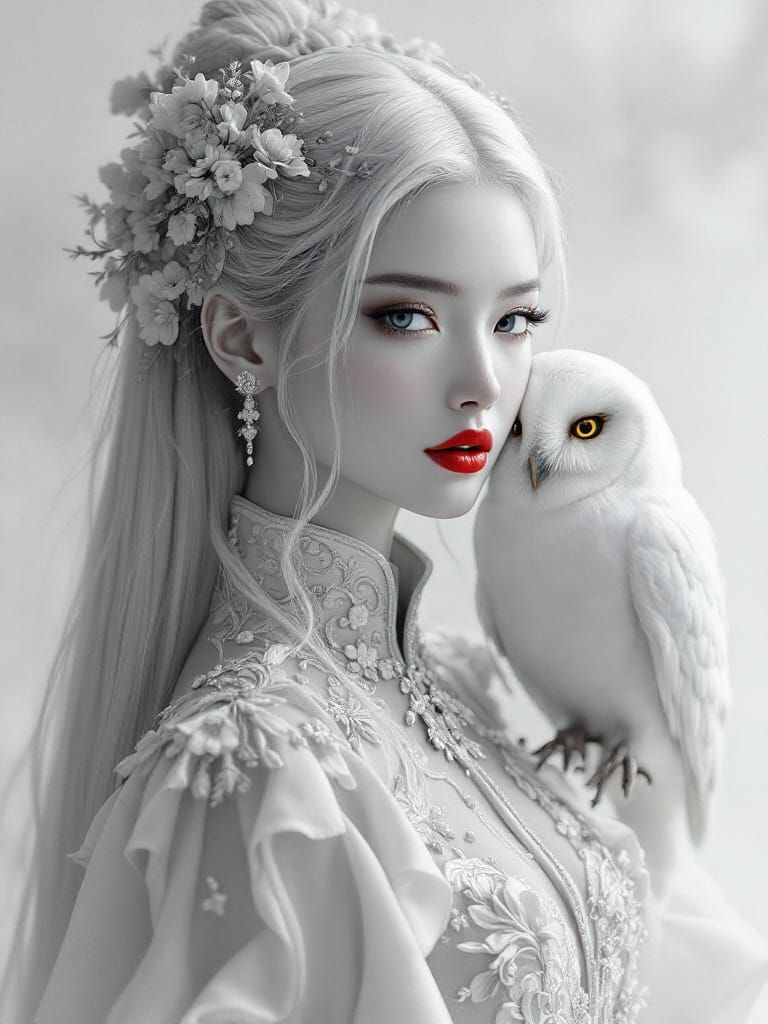 Monochrome Fantasy Portrait of Noblewoman with Red Lips