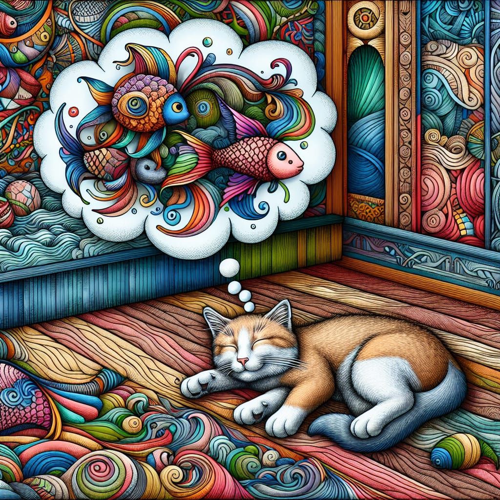 Cat's Dream of Swimming Fish in Abstract Living Room
