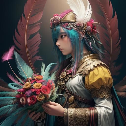 Feathers and Strawberries Still Life in Dark Fantasy Style