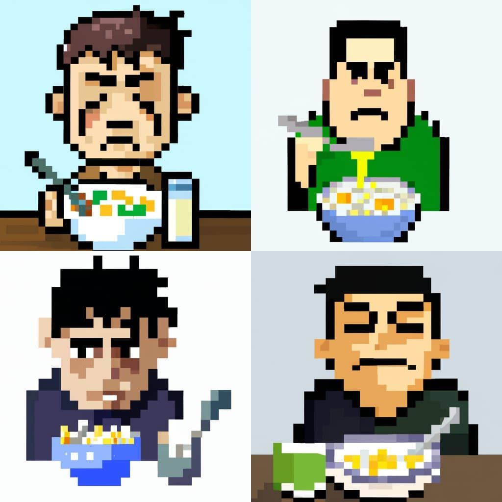 Sad Man Eating Egg Cereal in 8-bit Style