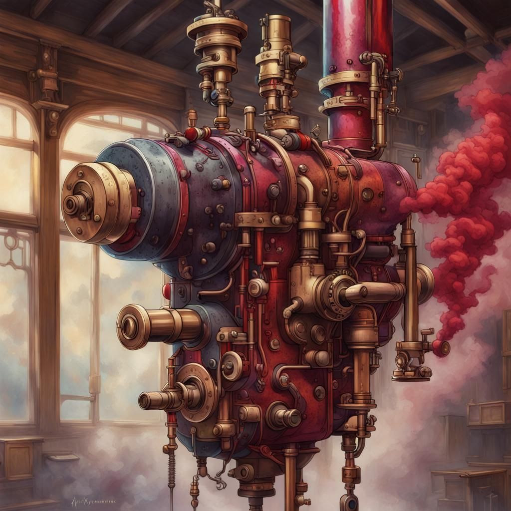 Steampunk Drill with Crimson Smoke, Ukiyo-e Style