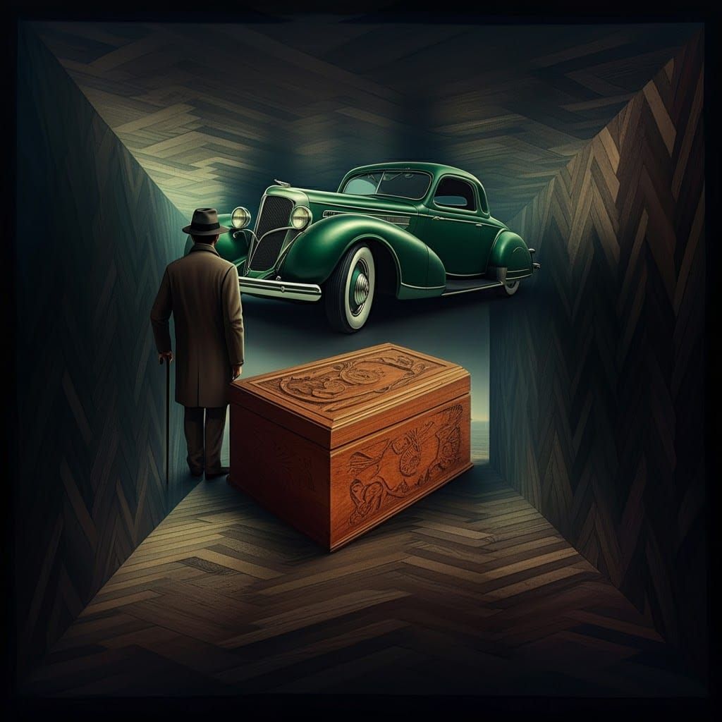 Optical Illusion with Green Car in Escher Style