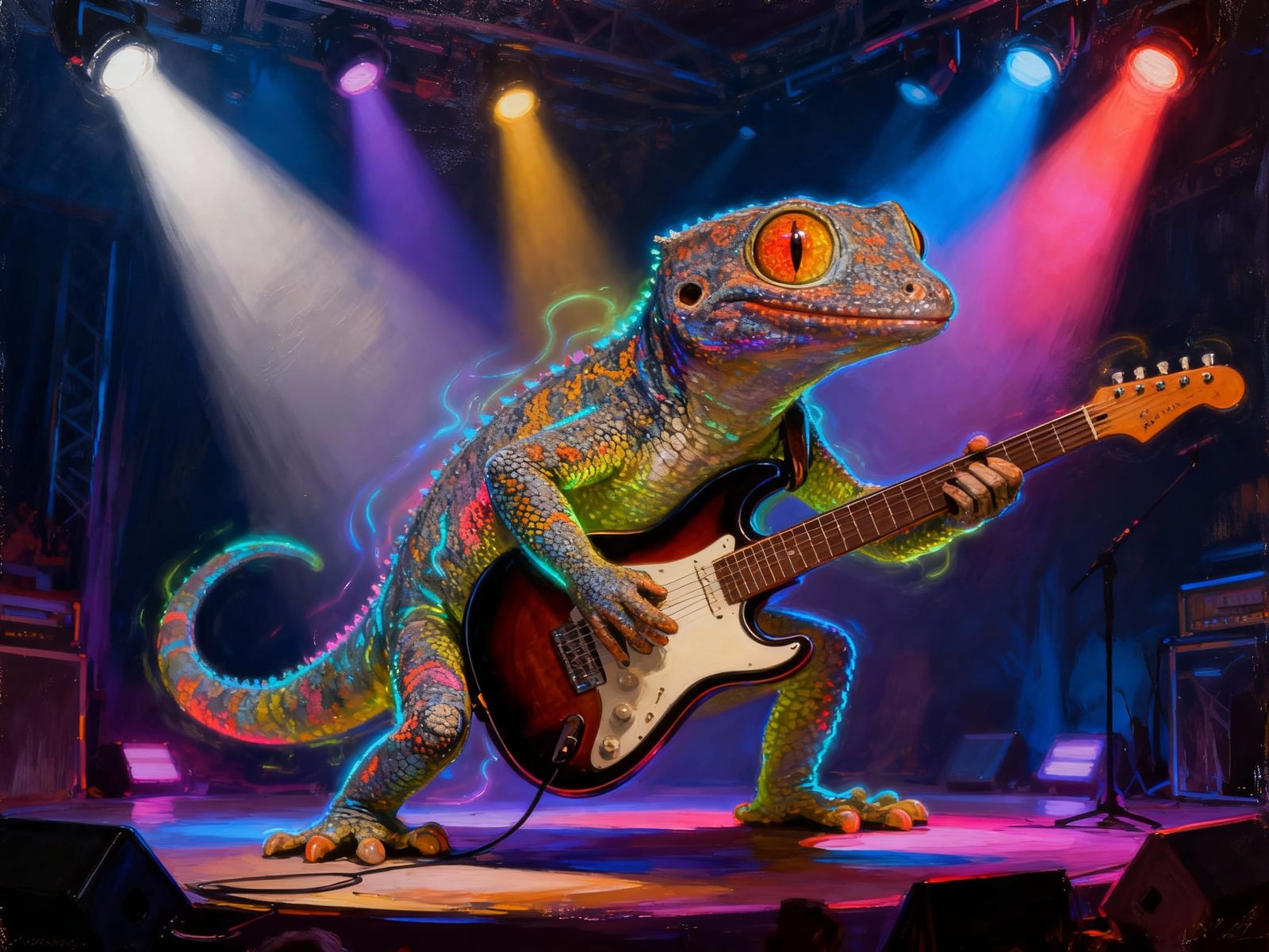 Giant Bioluminescent Gecko Shreds Guitar on Stage