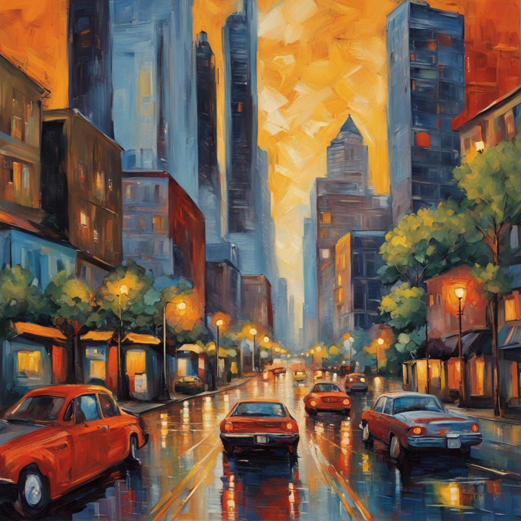 Austin Cityscape in Warm Neo-Impressionist Style