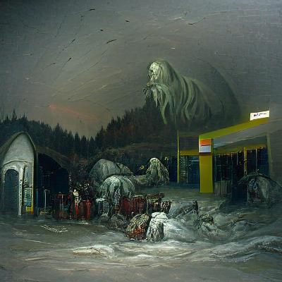 Horror Gas Station Art in Gustave Doré Style