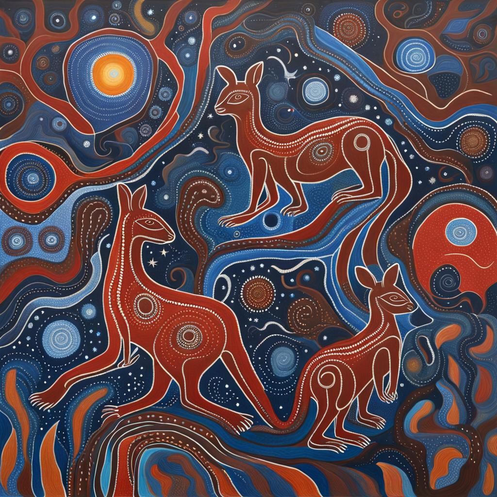 Aboriginal Dreamtime Art with Kangaroos and Red Rock