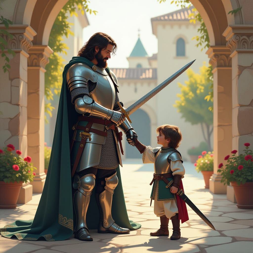 Renaissance painting. Medium shot. A dad knight in shining a...