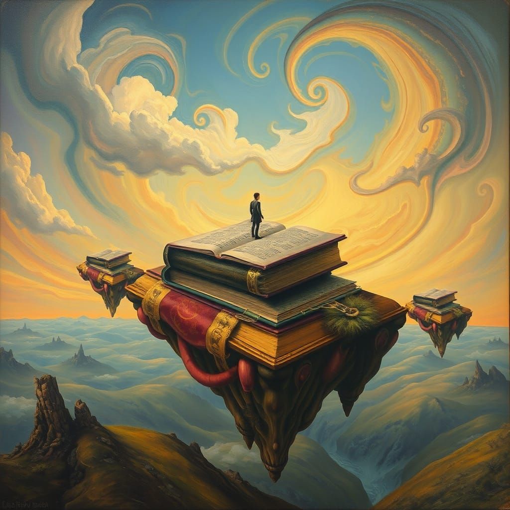 Surreal Floating Book Islands in a Dreamlike Sky