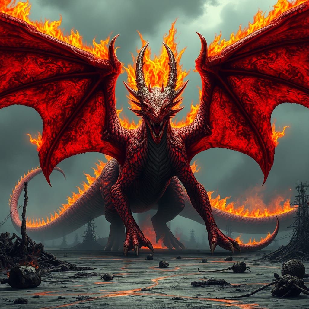 Infernal Demon Dragon in a Smoldering Wasteland