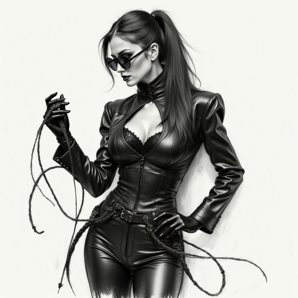 Charcoal Portrait of a Leather-Clad Lady with Whips