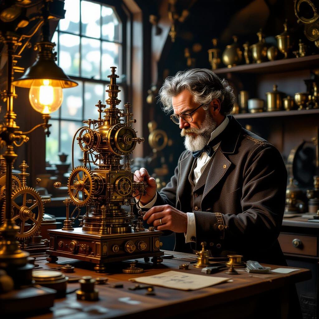 Victorian Inventor with Brass Automaton in Steampunk Worksho...