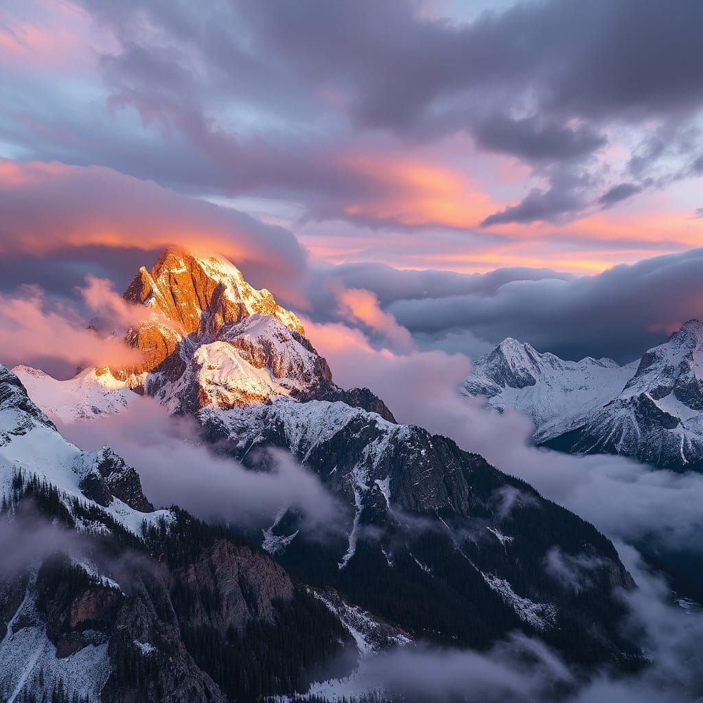Majestic Swiss Alps at Twilight, Dreamy Mist and Storm Cloud...
