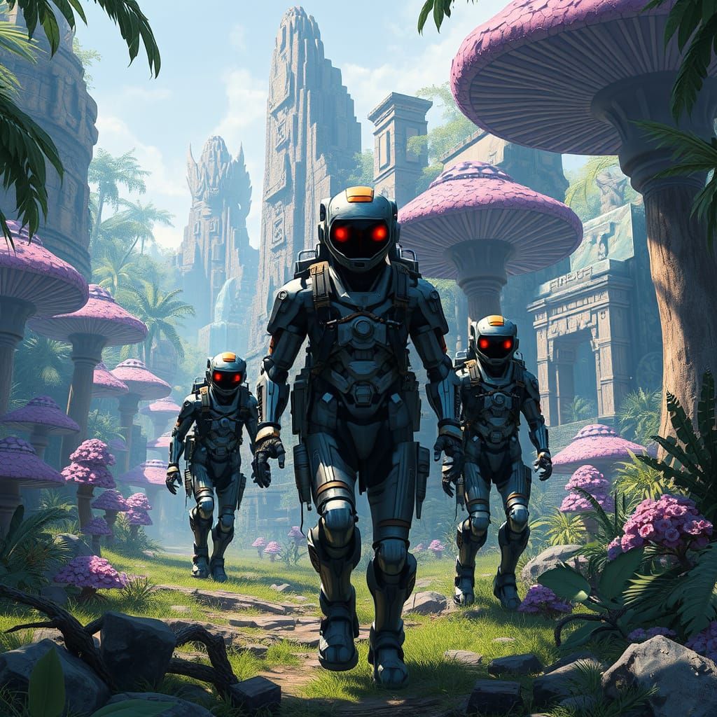 Robot Explorers in Jungle Ruins, Sci-Fi Art