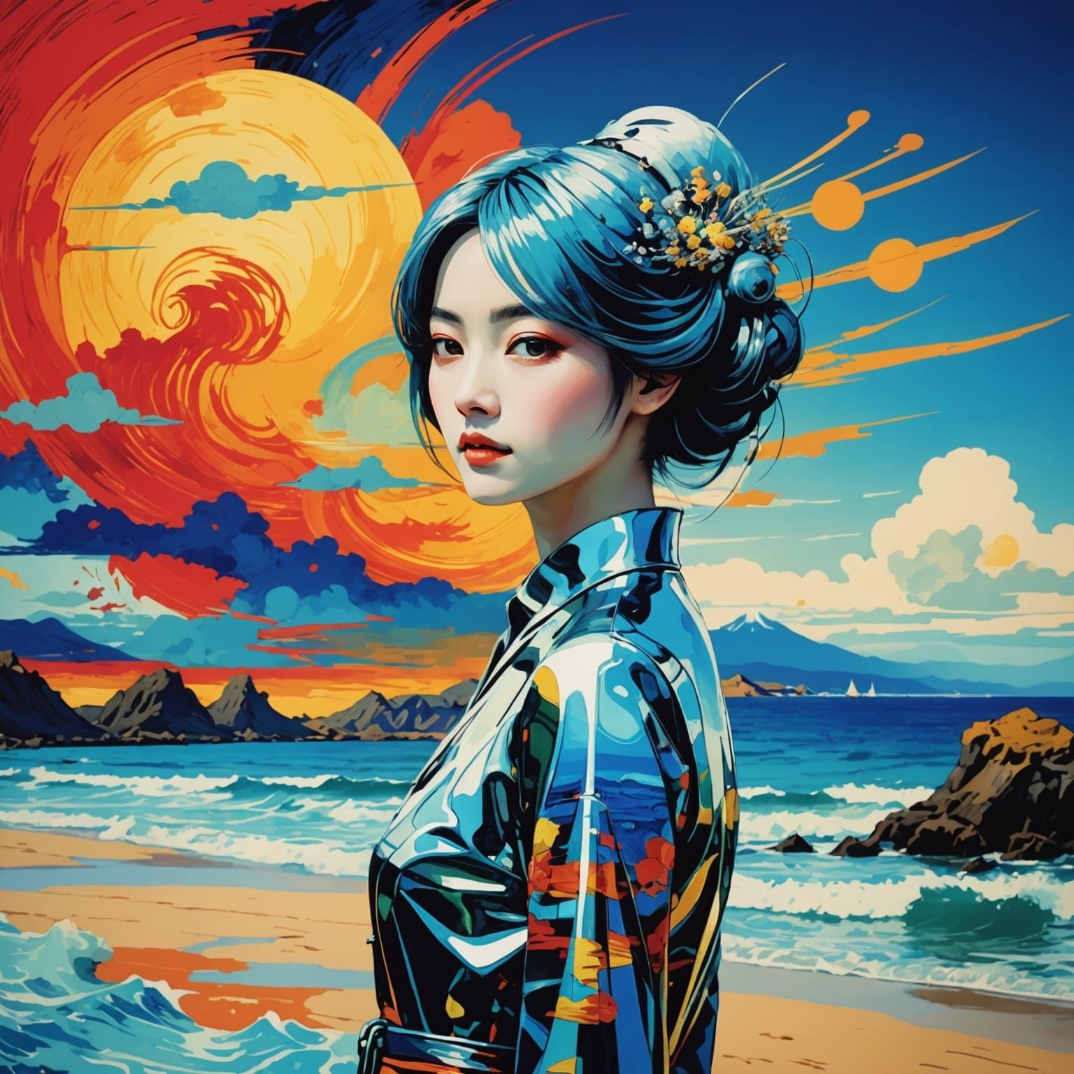 stunning anime girls Jean Tinguely Ukiyo-e tilt shift seascape holographic composite photograph #film lyrical abstractio...