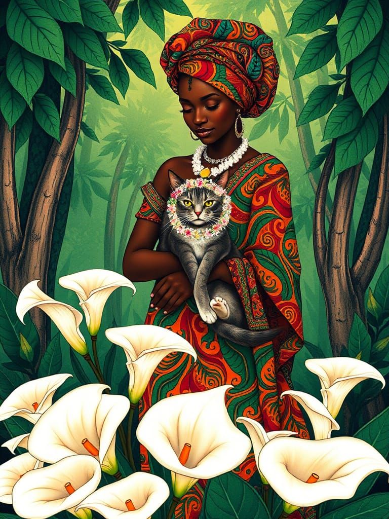 Yoruba Woman with Cat in Hanafuda Card Style