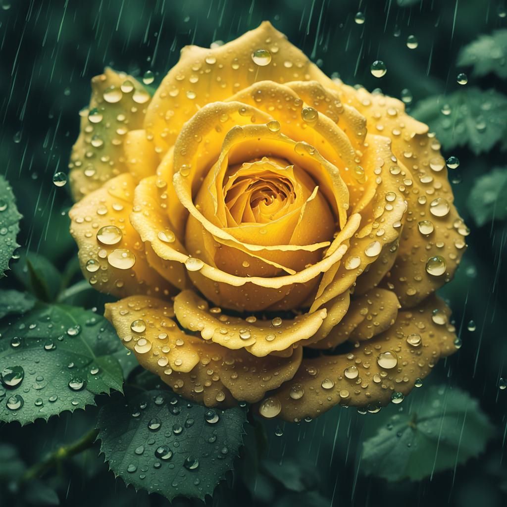 Macro Photograph of Yellow Rose with Raindrops