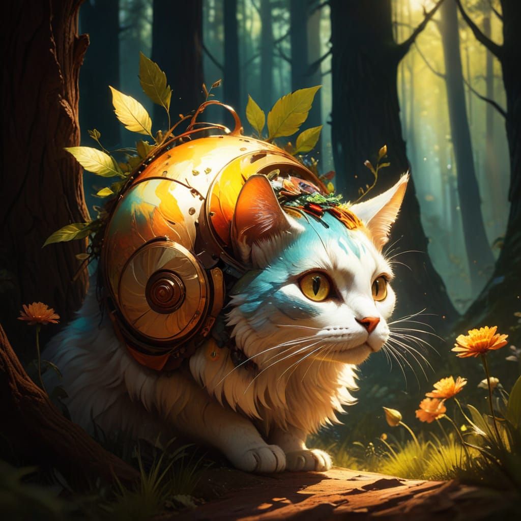 Surreal Feline Portrait in Vibrant Woodland