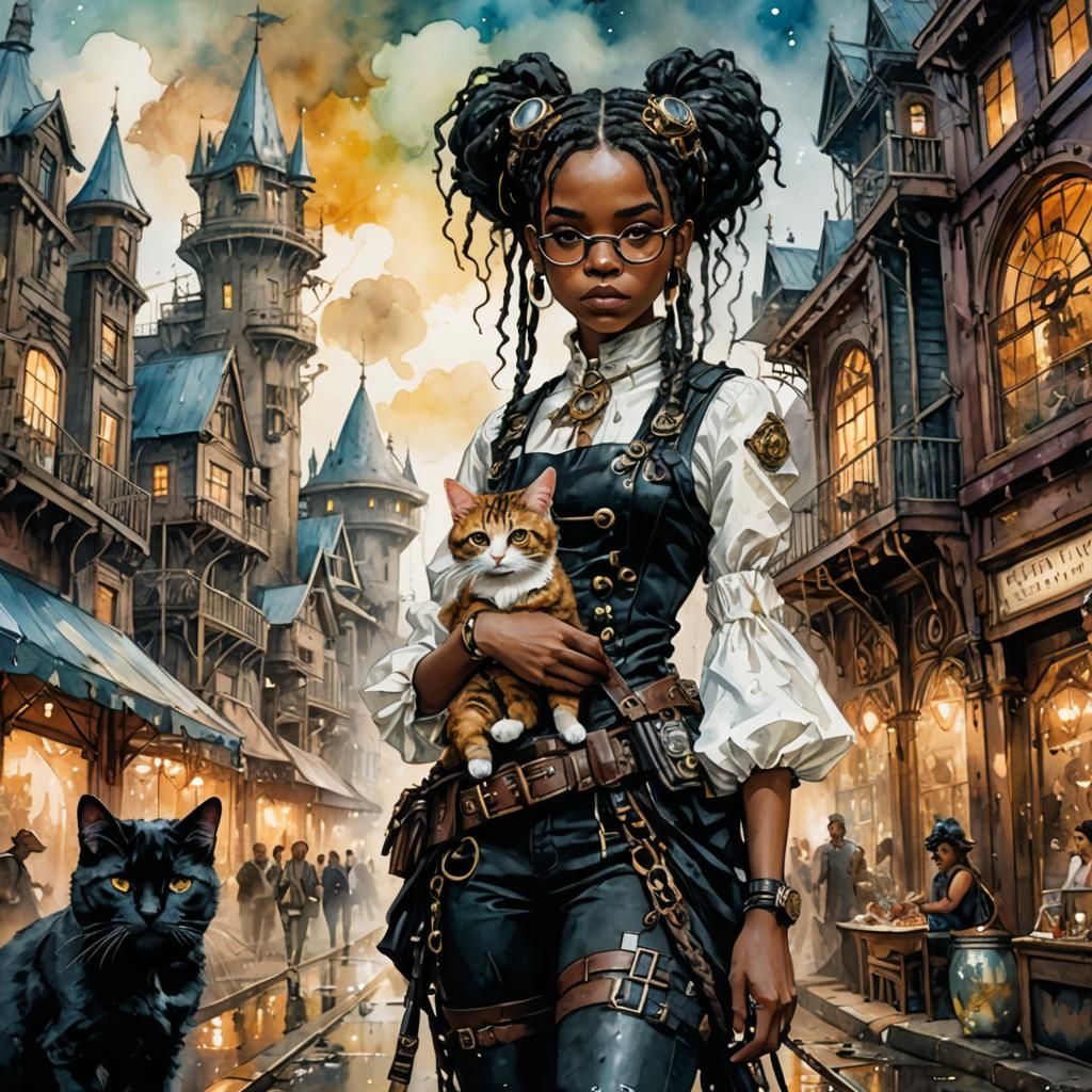 Steampunk Girl with Cat in Watercolor Candyland