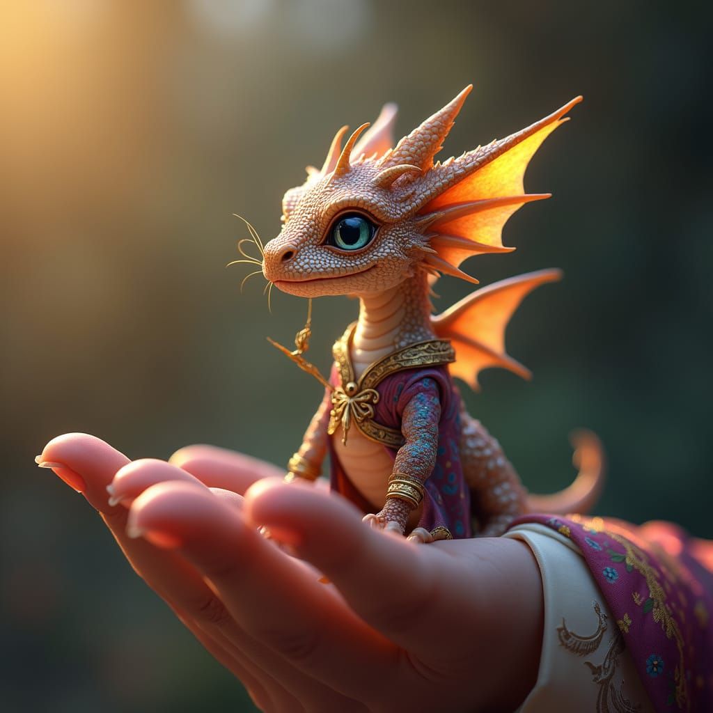 Tiny Dragon Perched on Magician's Finger in Whimsical Cyberp...
