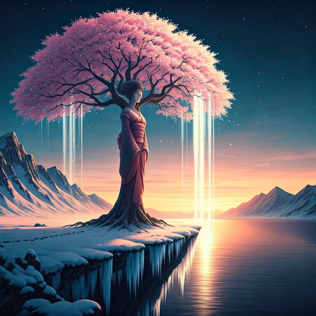 Mystical Miko Cherry Blossom Tree on Winter Mountain