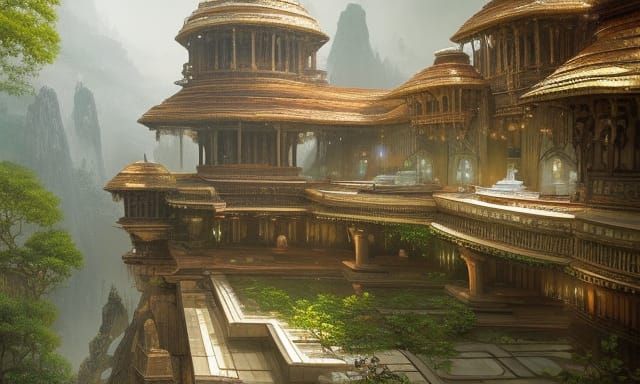 Futuristic Art Deco Architecture with Zen Garden in 8K