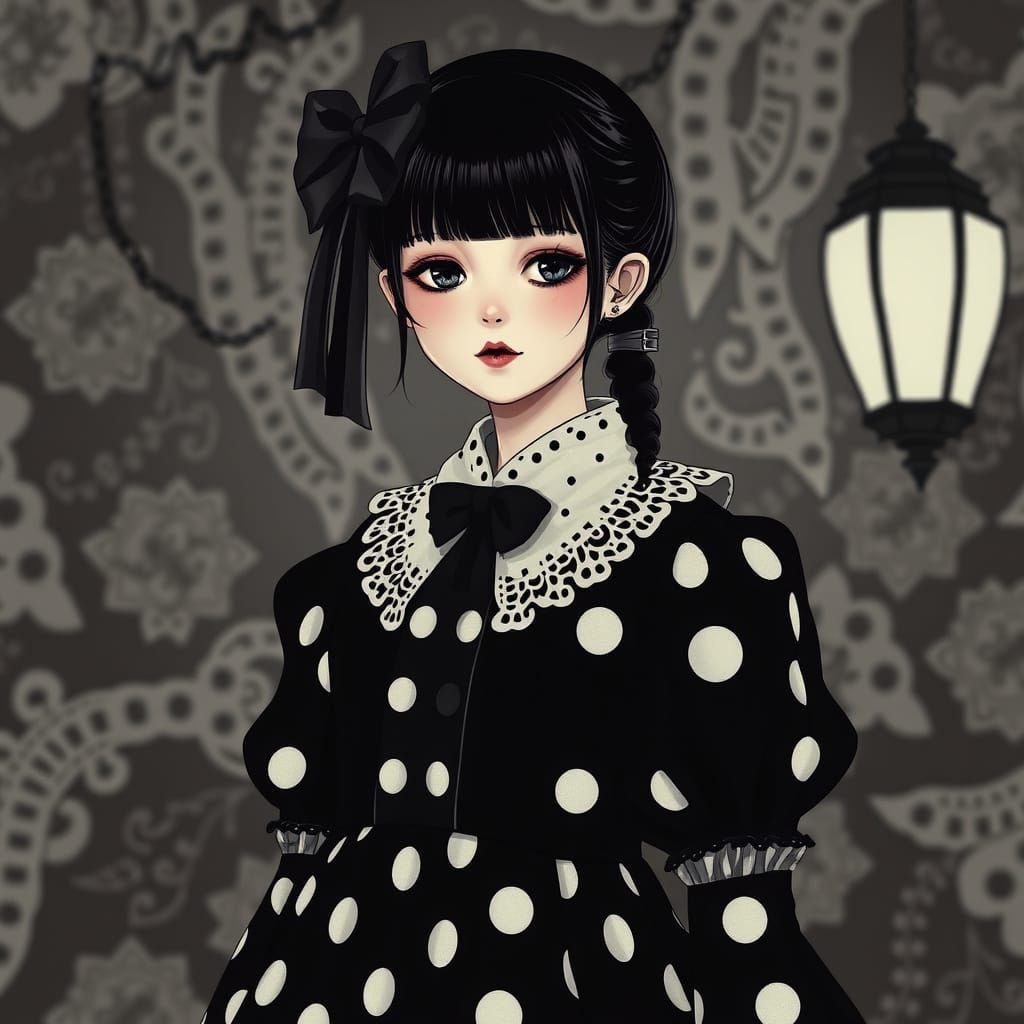 Japanese Gothic Girl in Polka Dot Dress