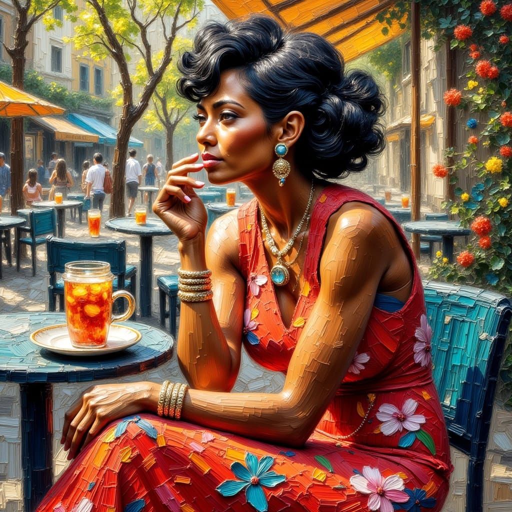 Gauguin-esque Woman in Cafe: Impasto Oil Portrait