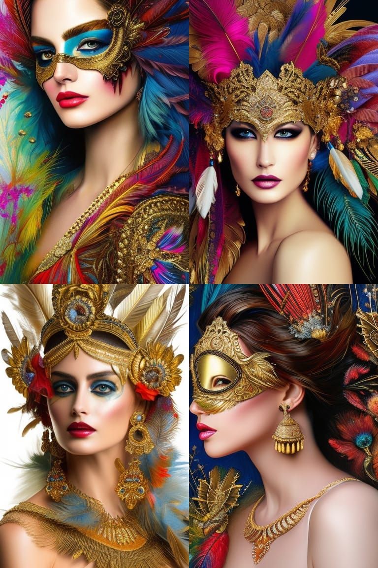 Ornate Gold Mask with Feathers in Detailed Digital Art