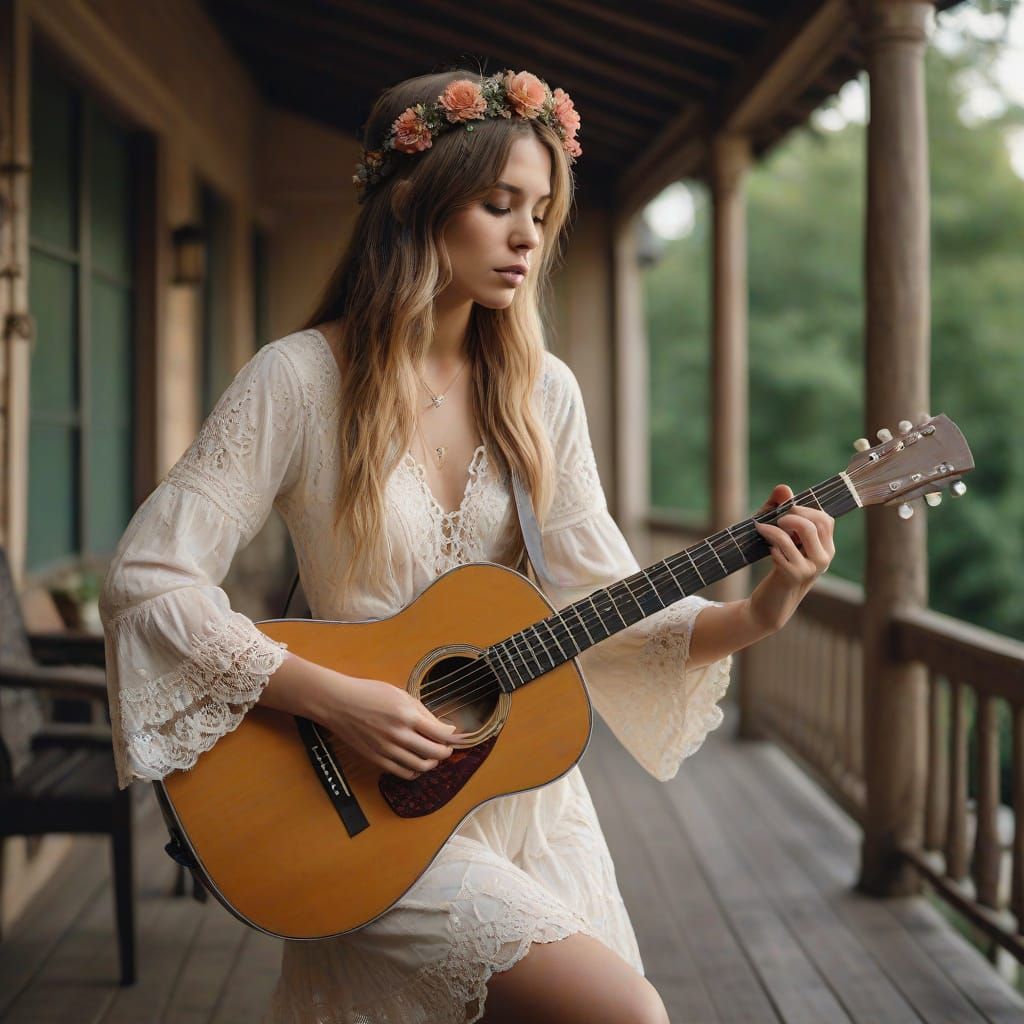 Bohemian Man Strums Guitar on Porch in Golden Light