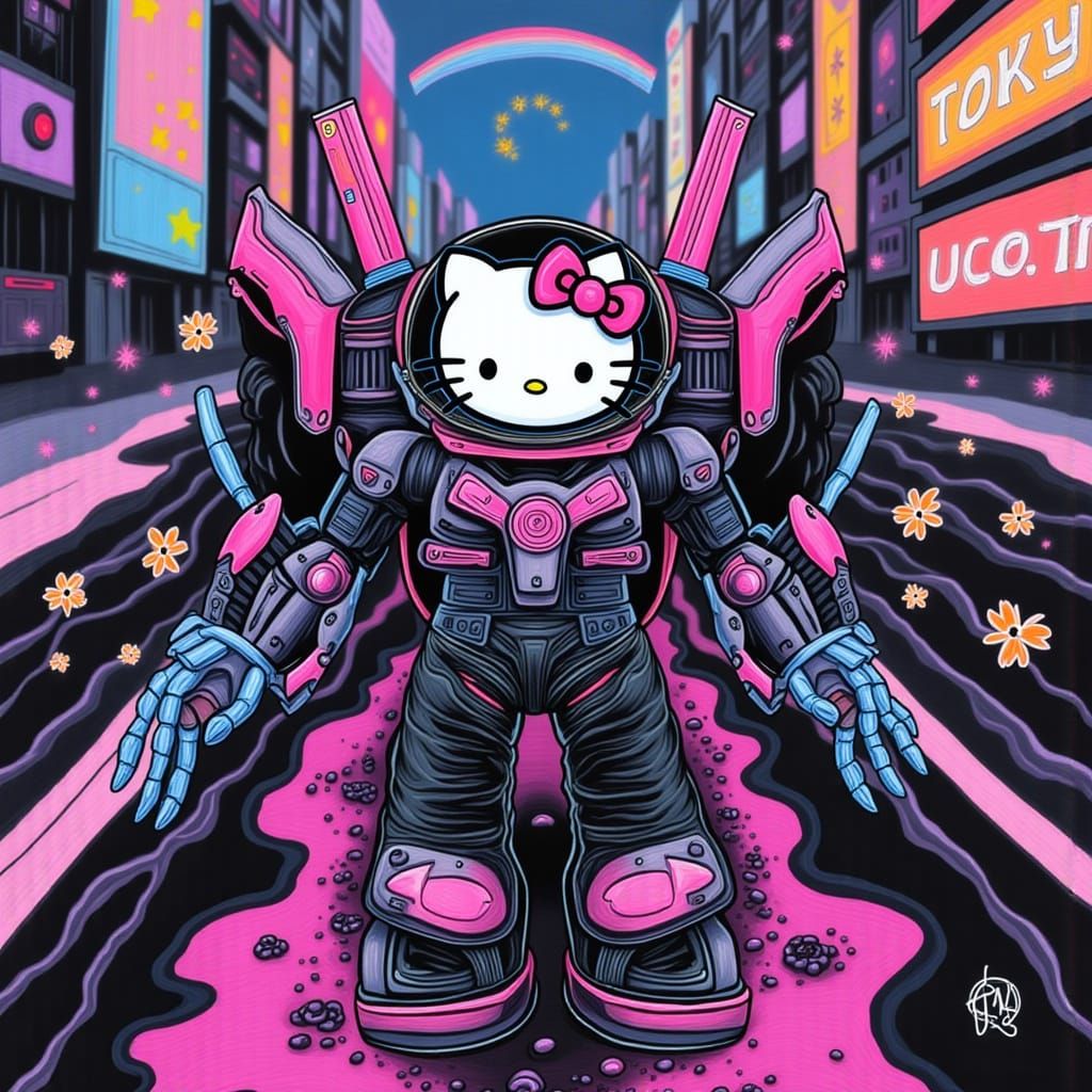 Hello Kitty Gundam in Futuristic Tokyo Cityscape