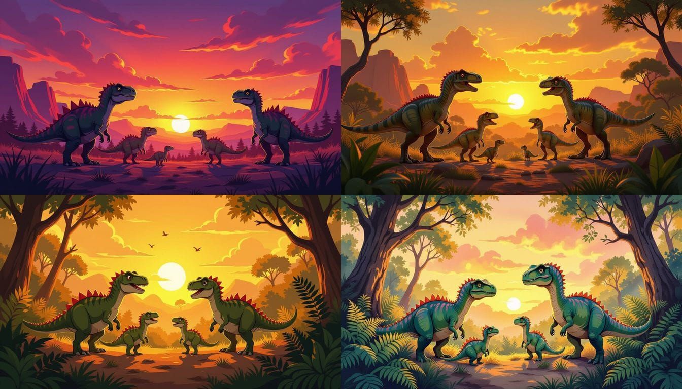 Small Dinosaurs Interacting in Habitat at Sunset