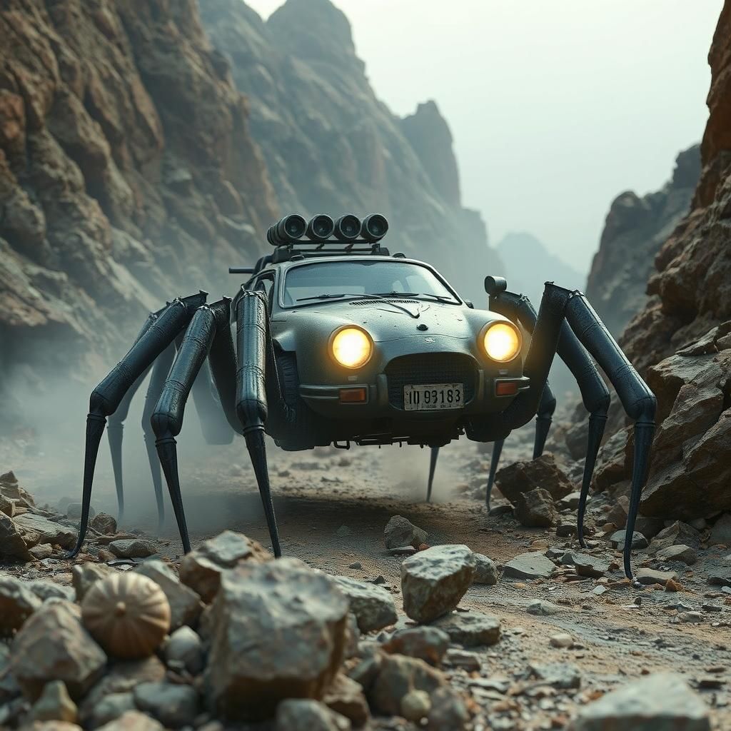 Surreal Spider Car Navigating Rugged Terrain