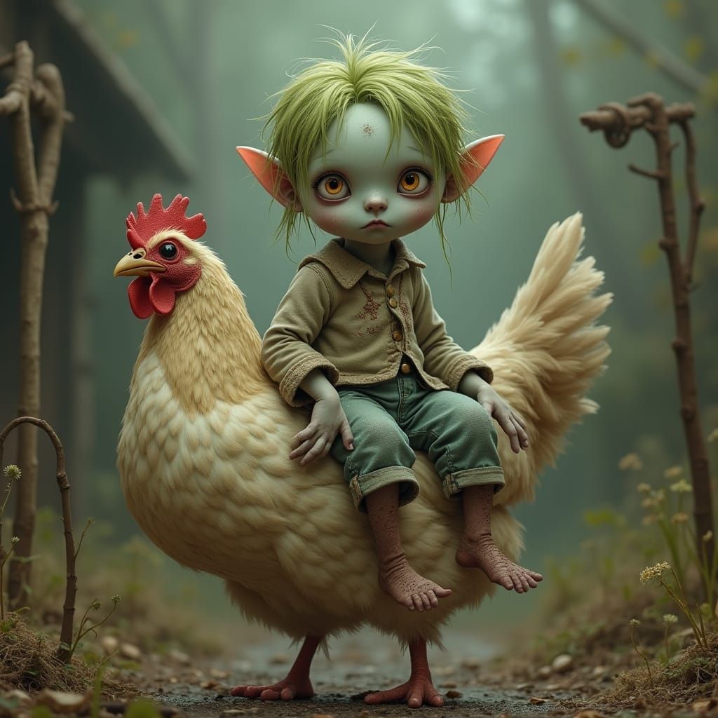 Zombie Baby Chicken Rider: Whimsical Horror Art