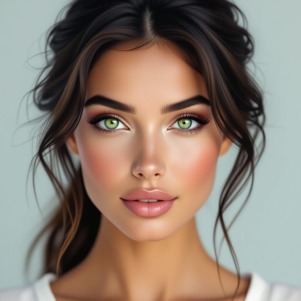 Beautiful Woman Portrait with Green Eyes in Realistic Style