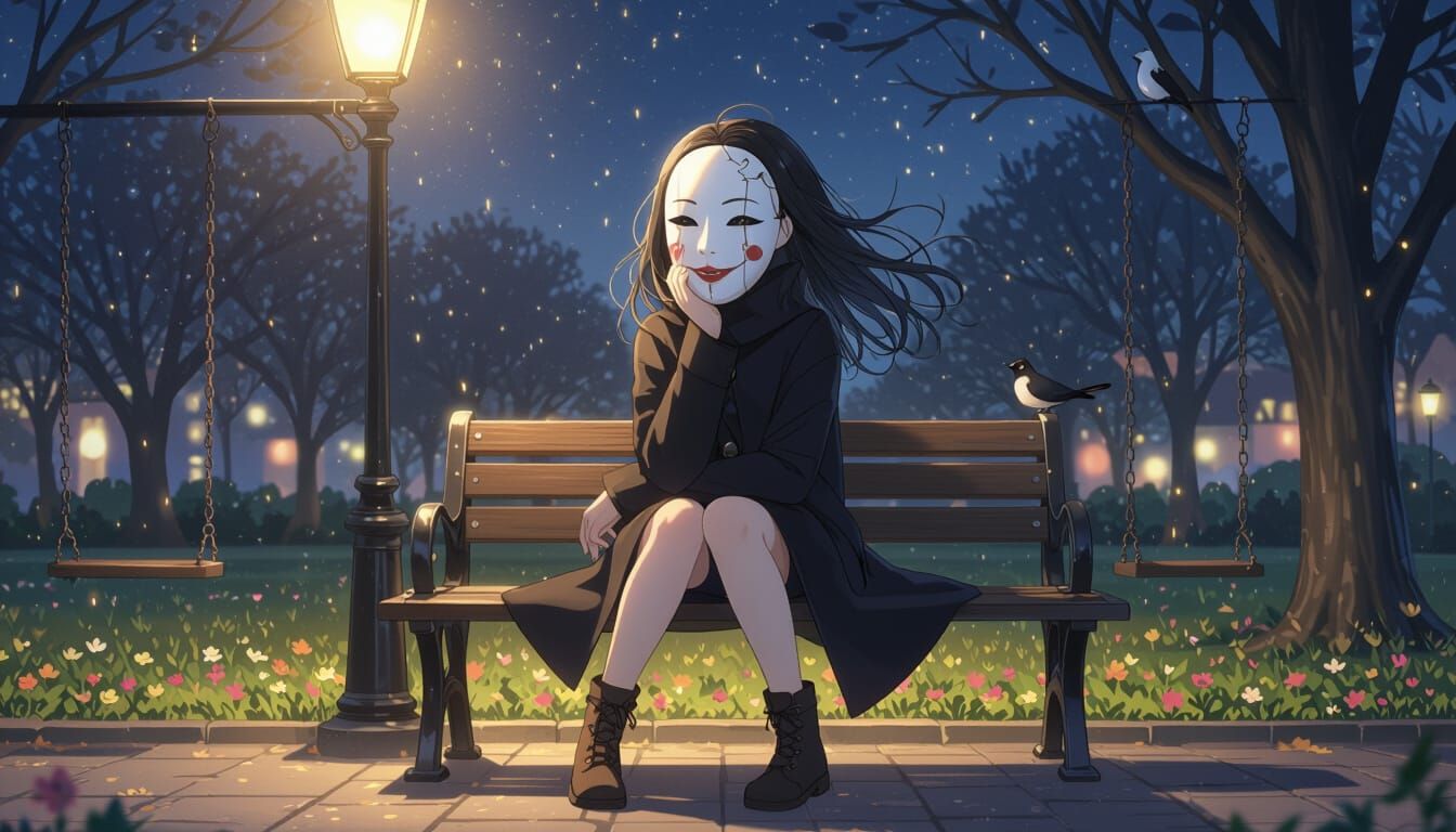 Anime Character with Cracked Mask on Park Bench at Night