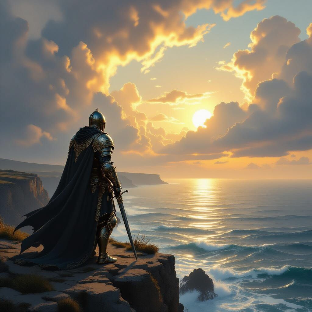 Templar Knight on Cliff Overlooking Ancient Sea in Baroque S...