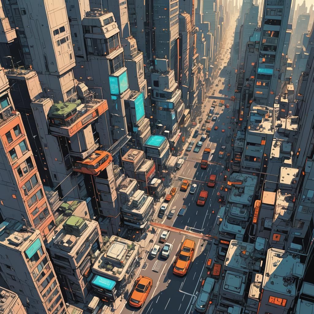 Futuristic Cityscape with Flying Cars: Digital Illustration
