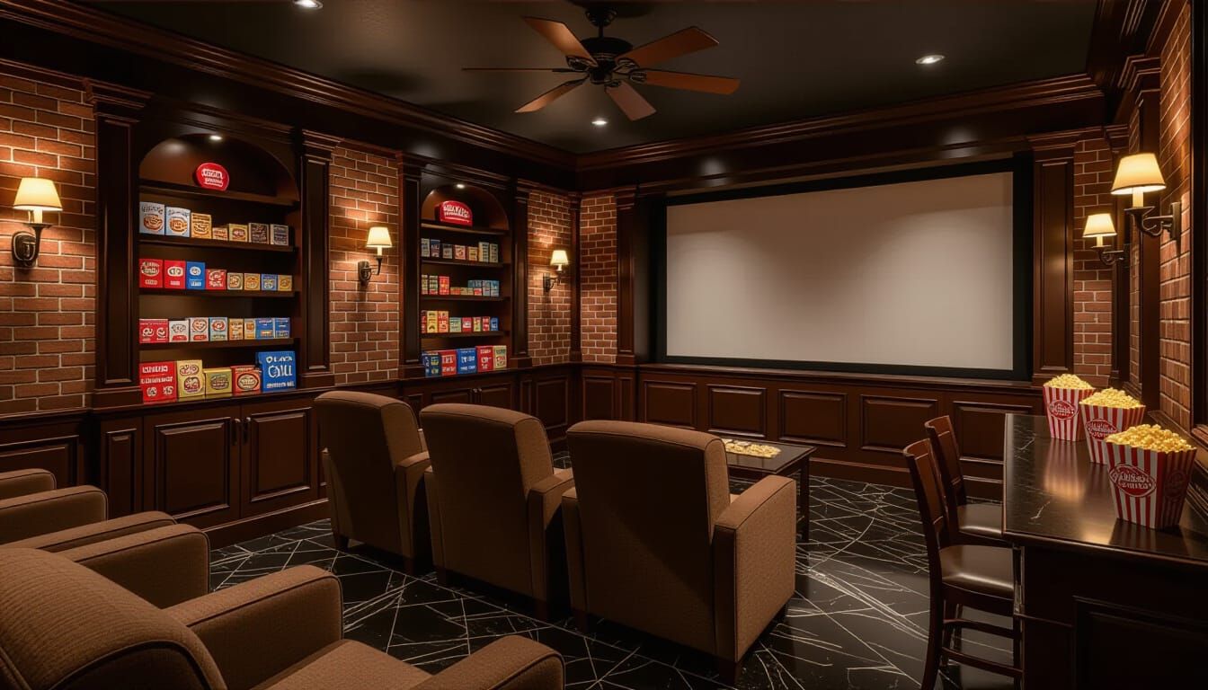 Victorian Cinema Room with Snacks and Plush Seating