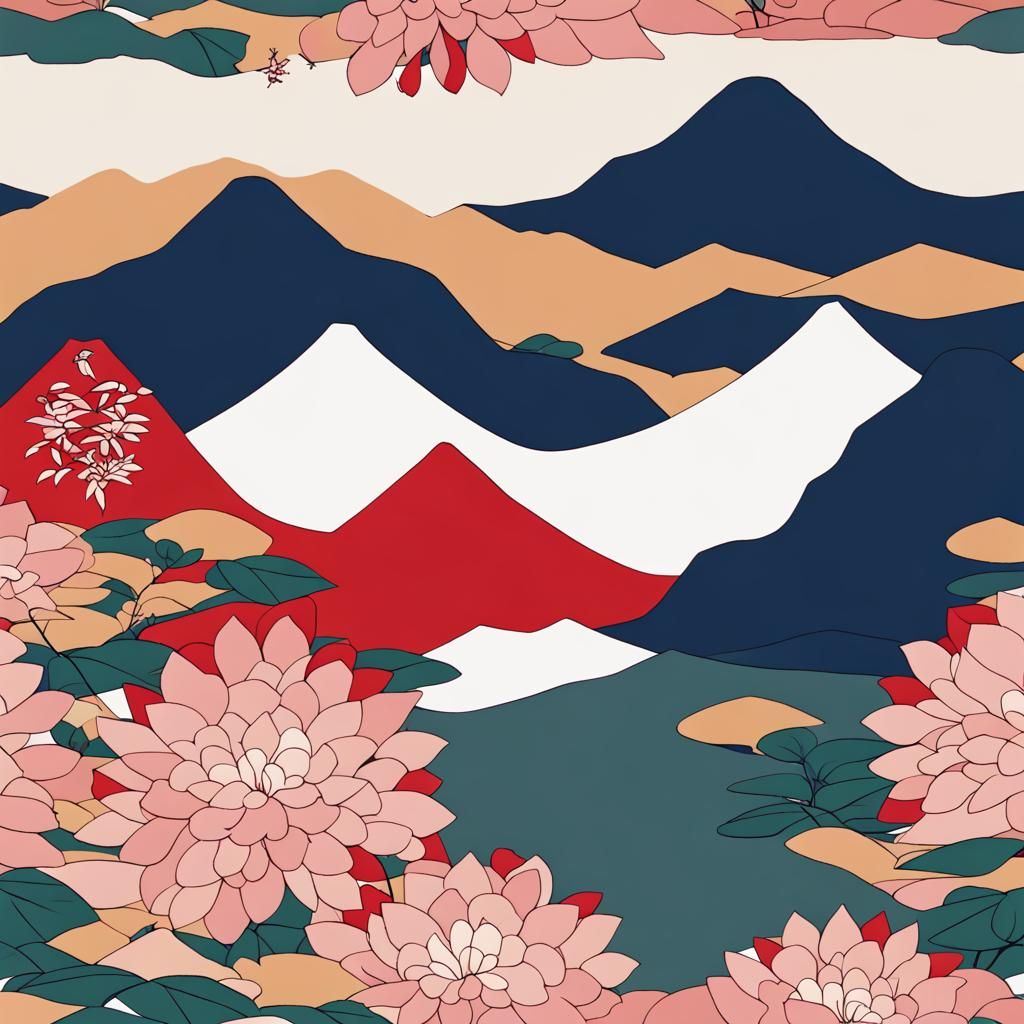 Japanese Minimalist Art: Serene Mountain and Flower Scene