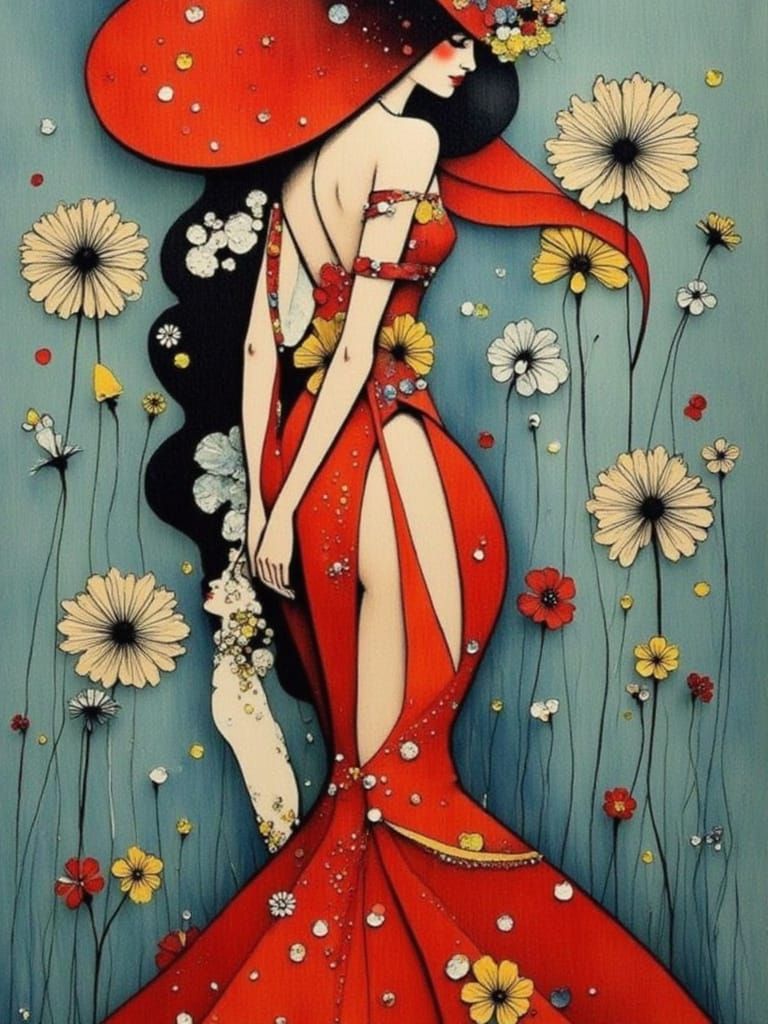 Glamorous Woman in Red Dress with Dandelions, Art Deco
