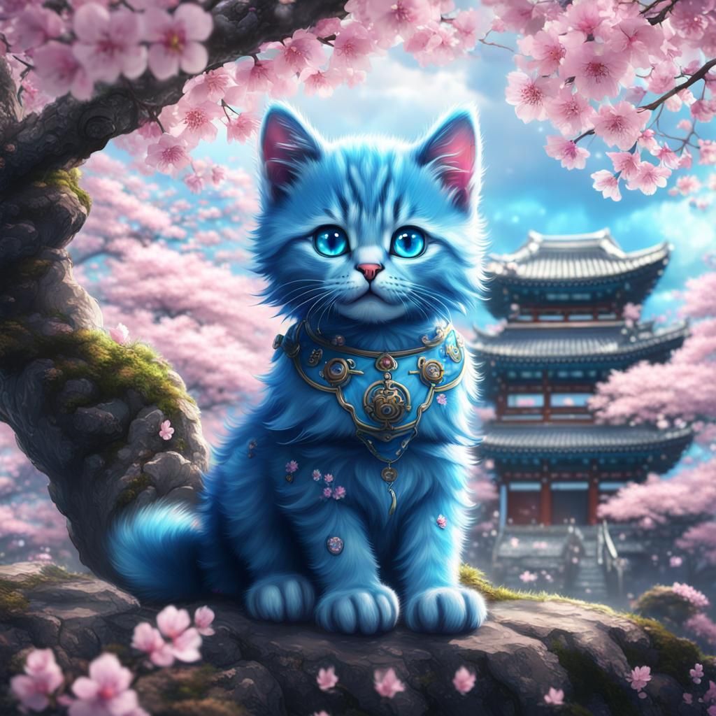 Blue Kitten with Cherry Blossoms: Matte Painting