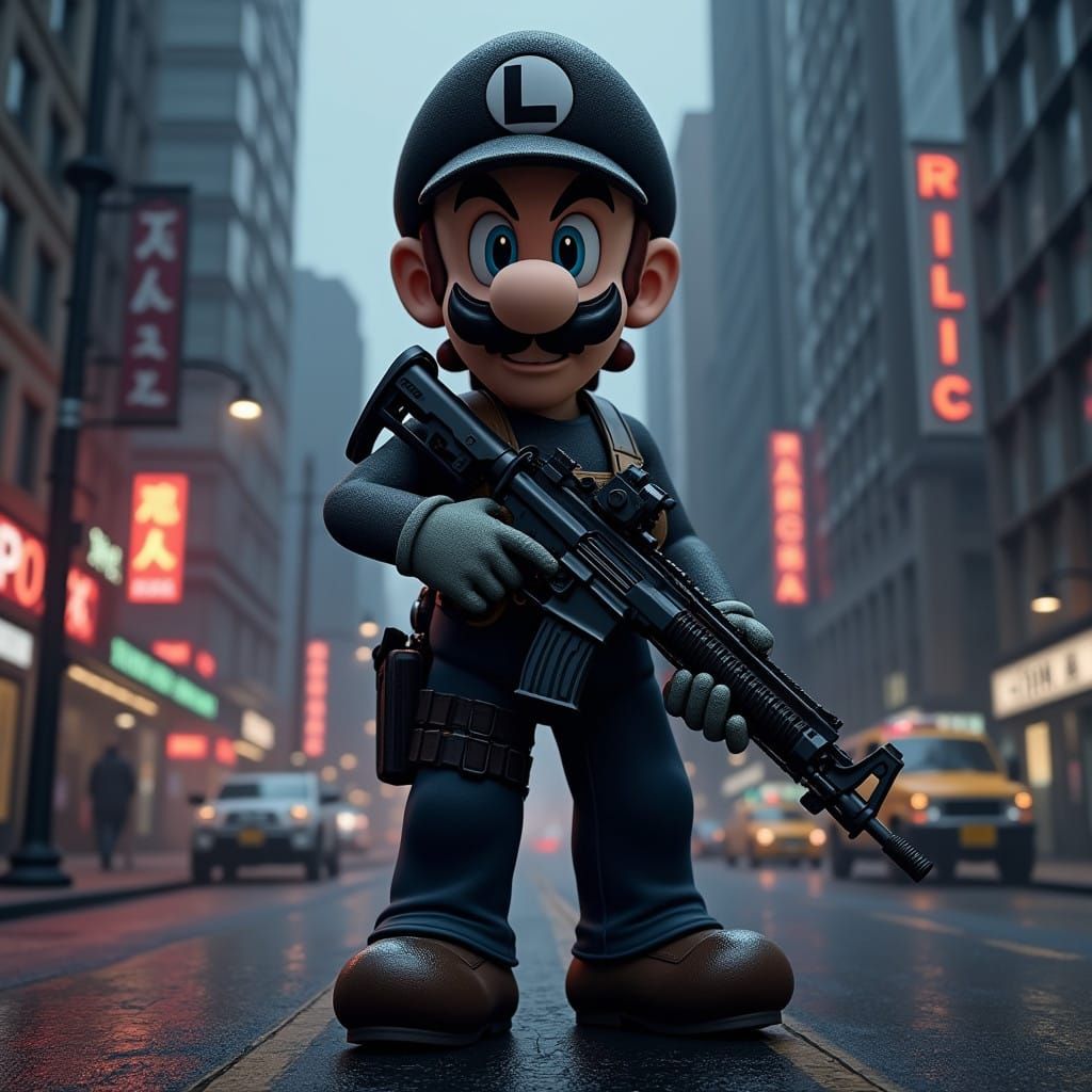 Hyper Realistic Luigi in Tactical Gear with a Menacing Stare