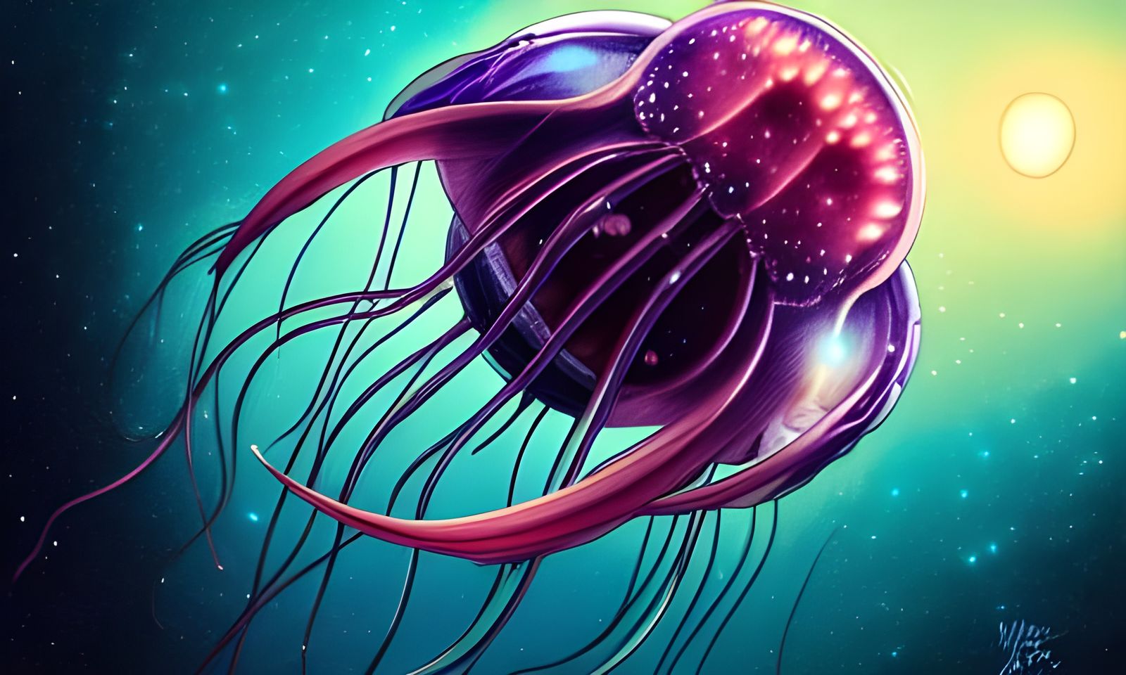 Anthropomorphic Jellyfish in Space Disintegrating Galaxy