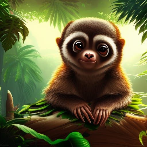 Baby Sloth Relaxing in Jungle: Anime Pop Art