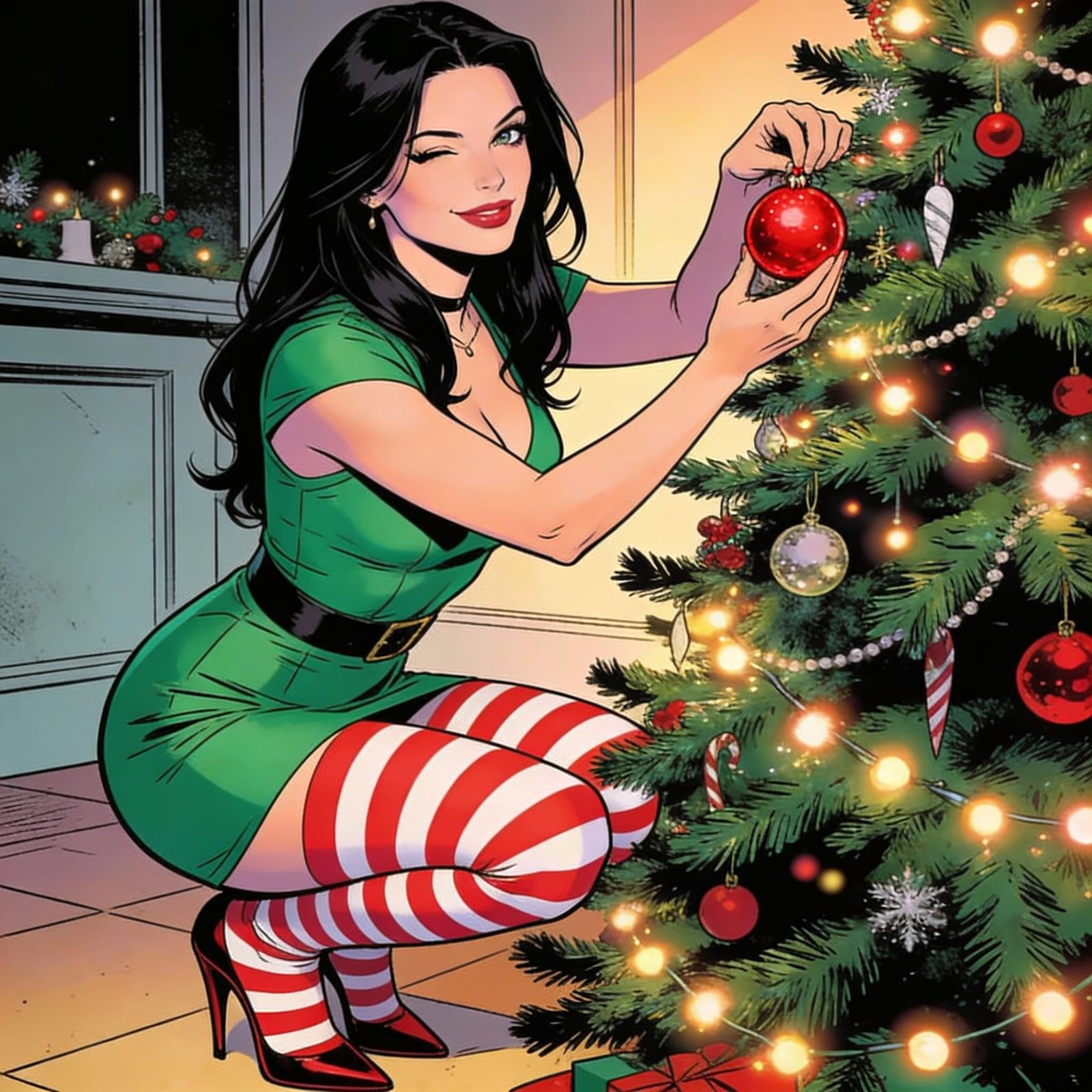Woman Decorates Christmas Tree in Comic Book Style