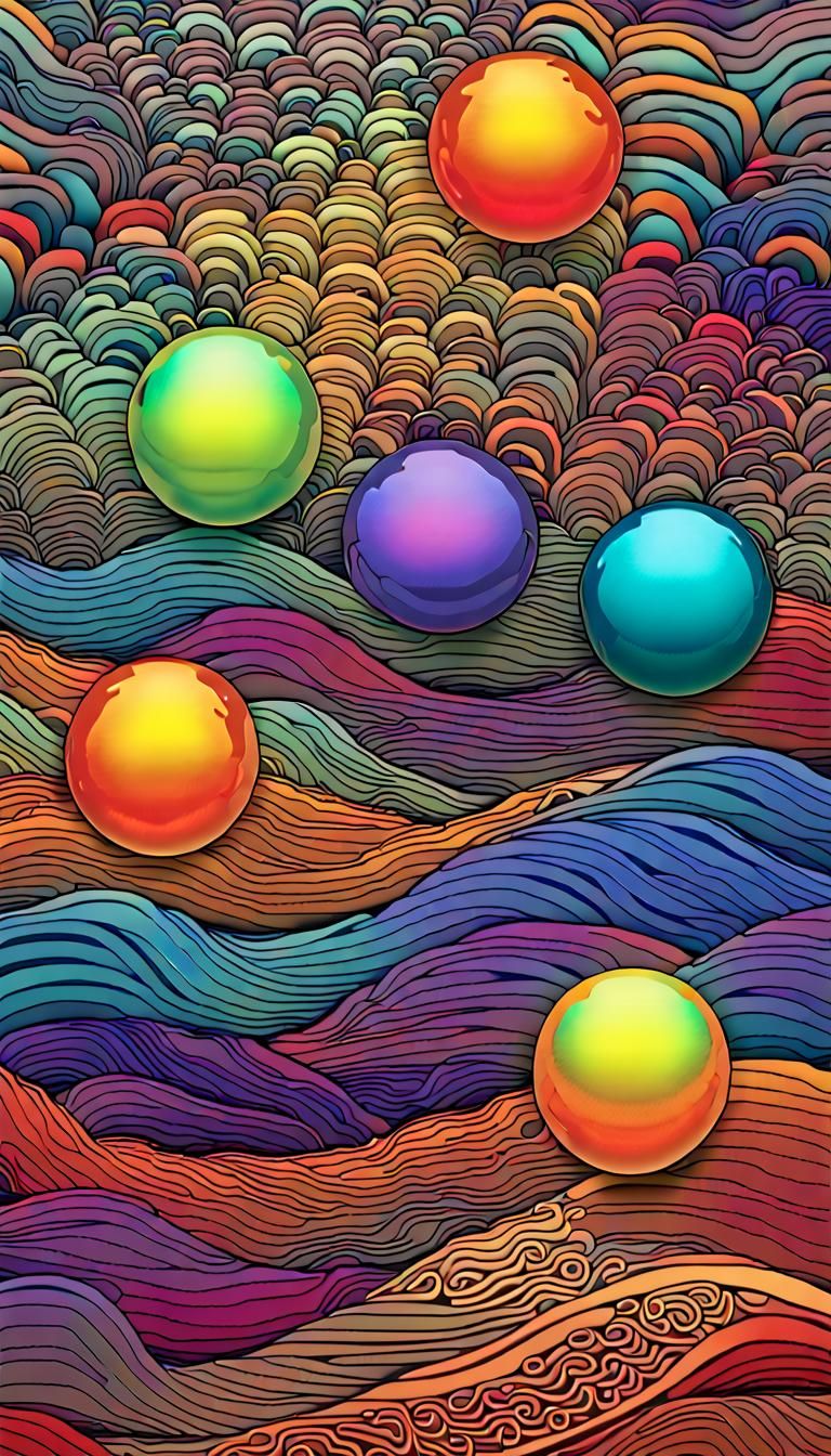 Iridescent Spheres Over Neon Sea in Psychedelic 3D