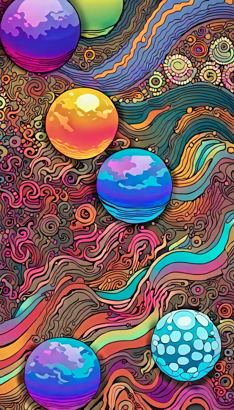 Iridescent Spheres Floating Over Neon Sea in Psychedelic 3D