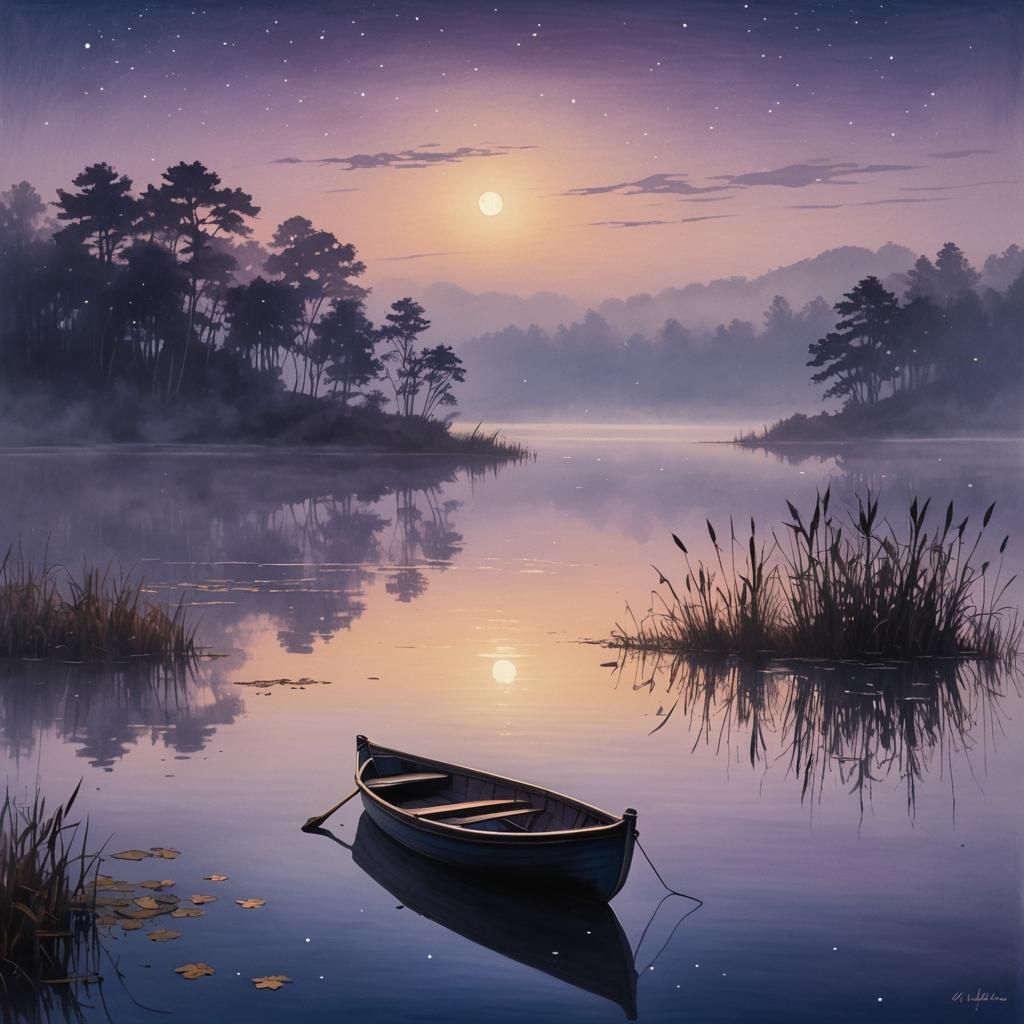 Rowboat on Serene Lakeside at Twilight